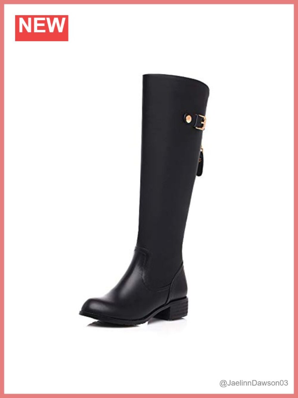 Genuine Leather Knee High Boots Handmade Chunky Low Heel Back Zip Buckle